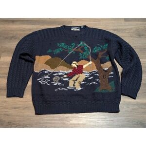 Thornton Bay Vintage 90s Hand Knitted Wool Fishing Scene Sweater Mens XL READ